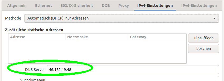 Screenshot DNS setzen im
      NetworkManager Ubuntu19.04